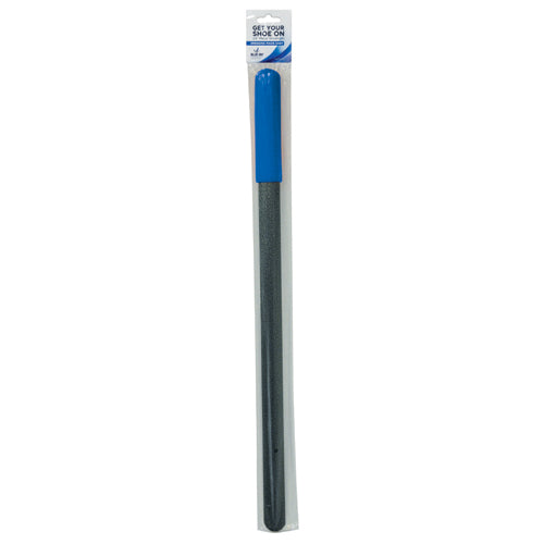 Get Your Shoe On Metal Shoehorn 24 Long with blue handle and stainless steel body for easy shoe wearing without bending.