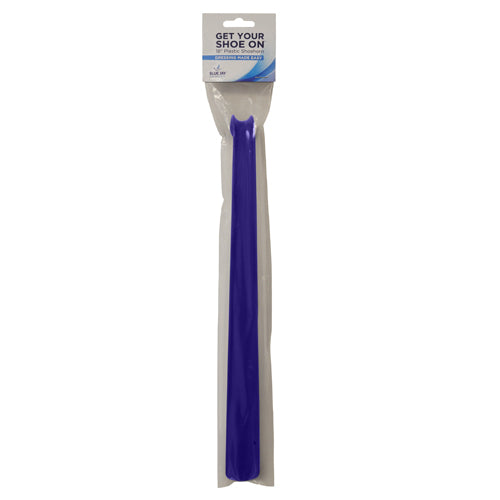 Purple plastic shoehorn with a curved end for easy shoe fitting, packaged with a hanging label on white background