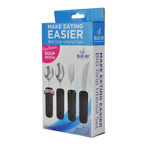 Make Eating Easier Big Grip Utensil Set by Blue Jay with ribbed handles for easy grip and included bonus soup spoon.