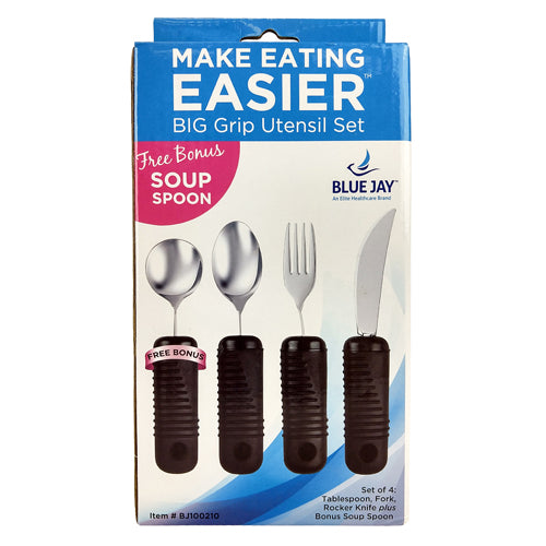 Make Eating Easier Big Grip Utensil Set by Blue Jay with ribbed handles for easy grip, includes spoon, fork, knife, soup spoon.