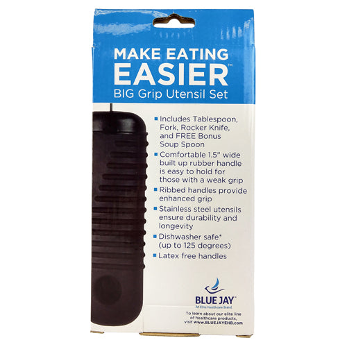 Make Eating Easier Big Grip Utensil Set by Blue Jay with ribbed rubber handle for easy grip and durable stainless steel utensils.