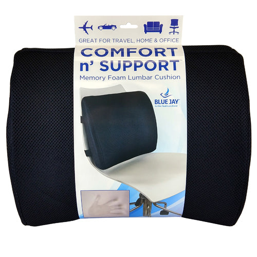 Lumbar Cushion w/Straps Black Lumbar Cushion - Blue Jay memory foam with breathable mesh cover for back support.