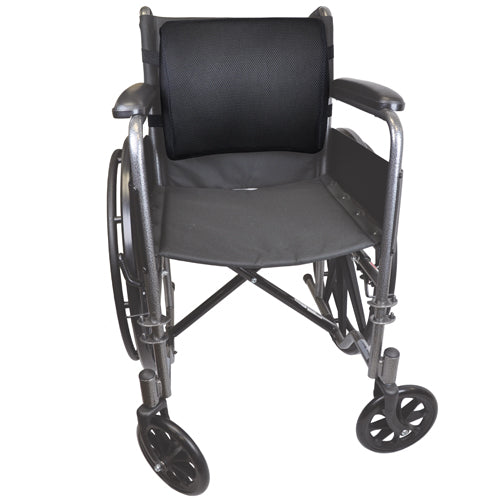 Lumbar Cushion w/Straps Black Lumbar Cushion - Blue Jay attached to wheelchair backrest for posture support.