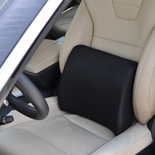 Lumbar Cushion w/Straps Black Lumbar Cushion - Blue Jay placed on beige car seat providing ergonomic back support.
