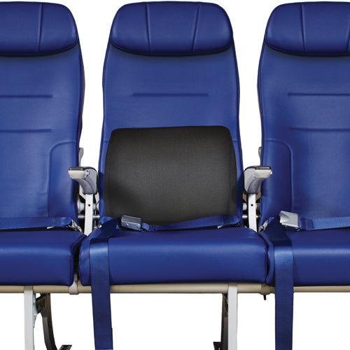 Lumbar Cushion w/Straps Black Lumbar Cushion - Blue Jay on blue airplane seat for back support and posture relief