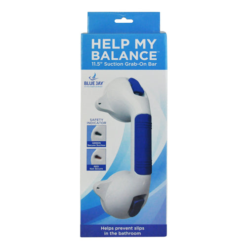 Suction Grab Bar 11.5 L Non-Adjustable with blue grip and safety indicator for bathroom slip prevention.