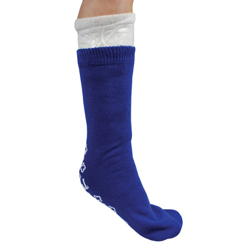 Sock It To Me Non-Slip Cast Sock Blue Jay Brand in blue, made of recycled poly fibers, latex-free, toe-covered warmth