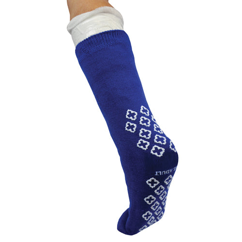 Sock It To Me Non-Slip Cast Sock Blue Jay Brand in blue with white grip dots, made from recycled poly fibers, latex-free.