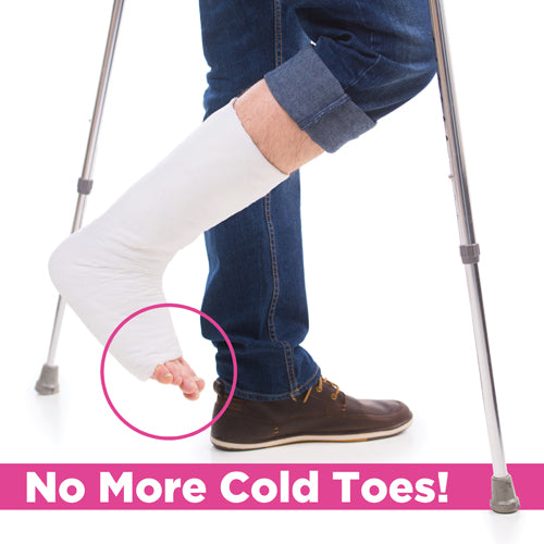 Sock It To Me Non-Slip Cast Sock Blue Jay Brand shown on foot with cast and crutches keeping toes warm and covered.