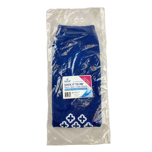 Sock It To Me Non-Slip Cast Sock Blue Jay Brand in blue, made of recycled fibers, latex-free for warmth and protection.