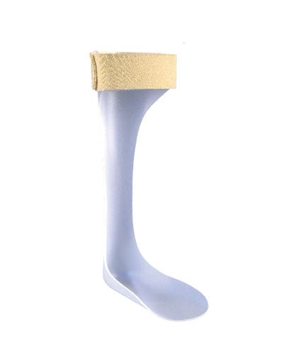 Light gray rigid ankle-foot orthosis with beige cushioned strap against a plain white background