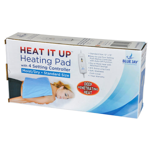 Box packaging for heating pad featuring a woman resting with a blue heat pack and controller details on white background