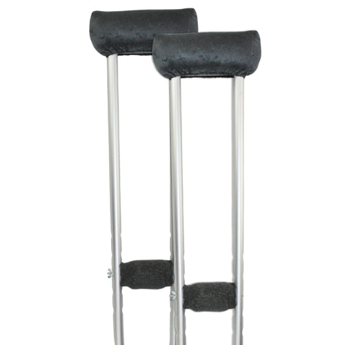 Soft n' Plush Comfort Crutch Pillows Set fitted on silver crutches for added arm and hand comfort and support.