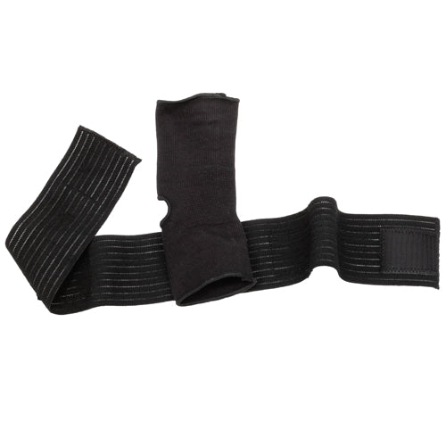 Black elastic wrist wrap with thumb hole and adjustable Velcro strap for customizable compression and support on white background