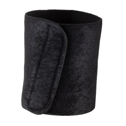 Black soft fabric wrap with wide adjustable closure designed for comfortable compression or support against white background