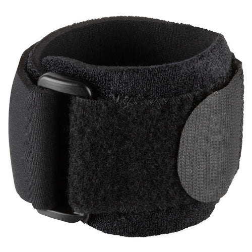 Black soft fabric wrist wrap with adjustable hook and loop fastener and plastic loop against white background