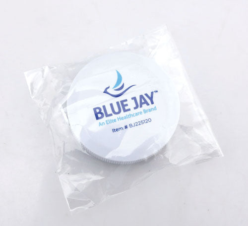 White circular healthcare product cap sealed in clear plastic wrap with blue logo and text printed on top