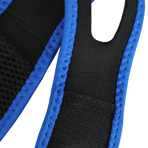 Close-up of black and blue fabric strap with mesh panel and stitched edges on white background