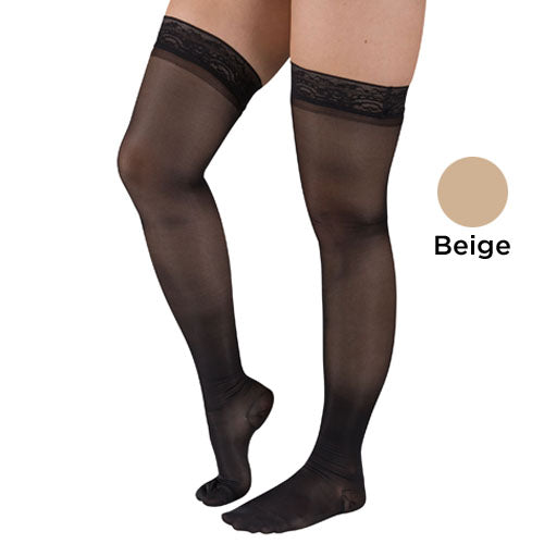 Ladies' Shr Moderate Supprt XL 15-20mmHg Thgh w/StayTop Beige thigh-high compression stockings with lace top in beige