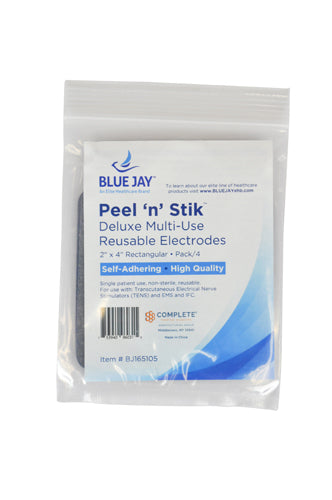 Clear resealable package of Blue Jay Peel 'n' Stik multi-use reusable rectangular electrodes with product label visible