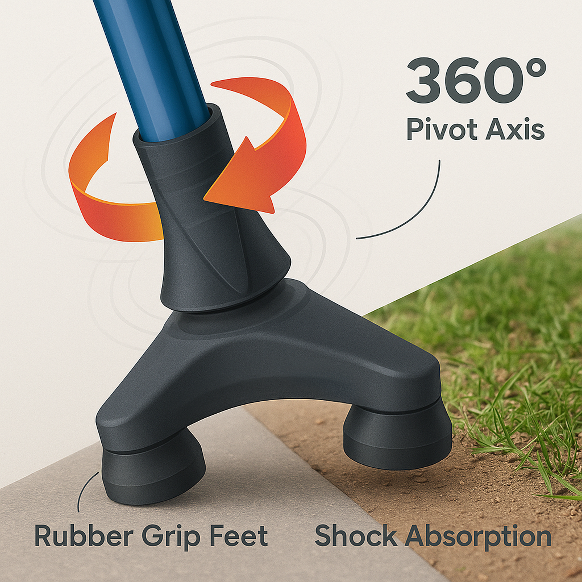 Blue cane tip with three rubber feet on concrete and grass showing 360-degree pivot and shock absorption features