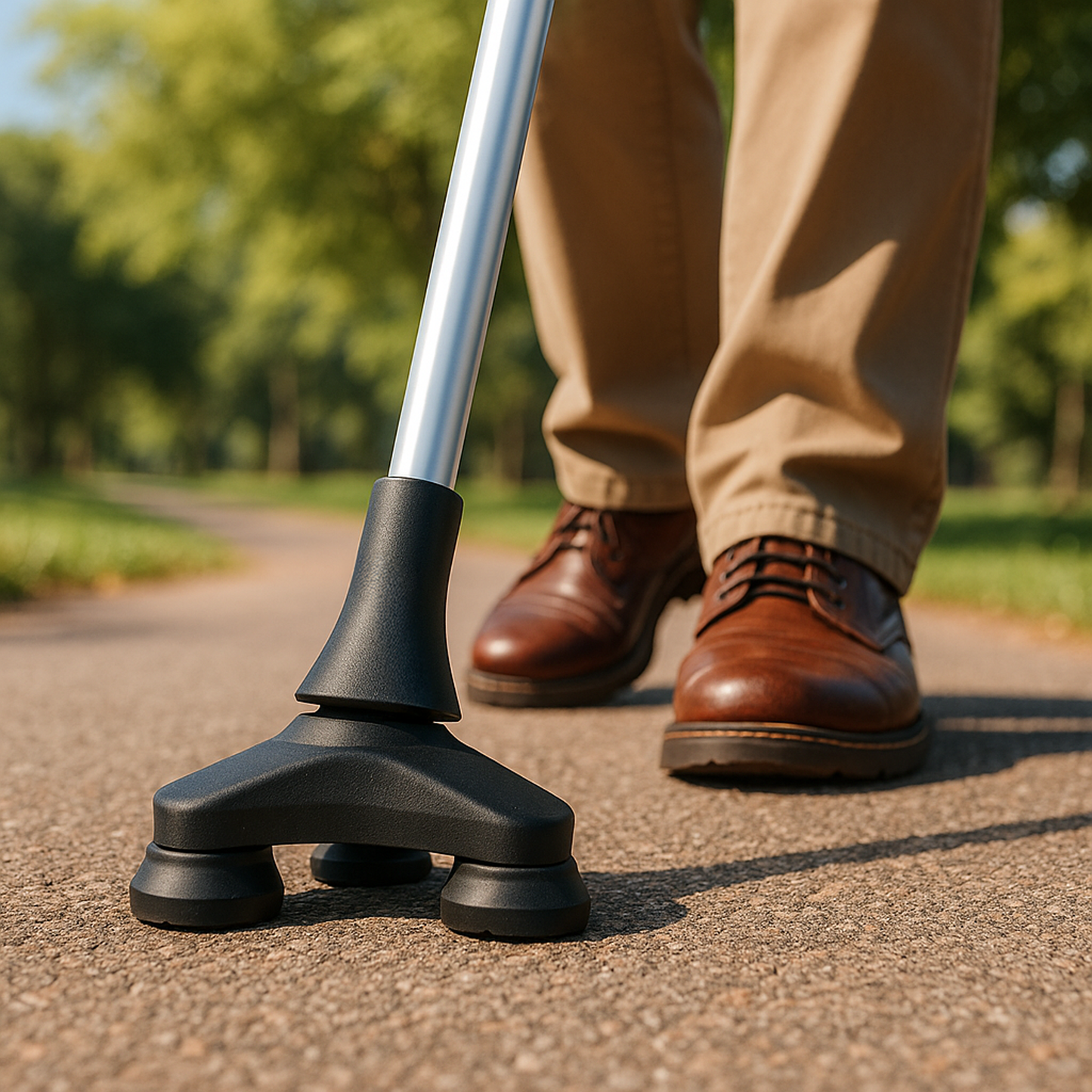 Black three-legged cane tip on a paved path with a person wearing brown shoes and tan pants nearby