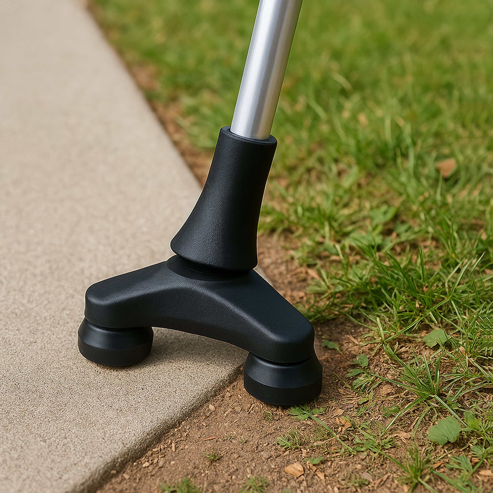 Black three-legged cane tip on grass and concrete surface for extra stability and support