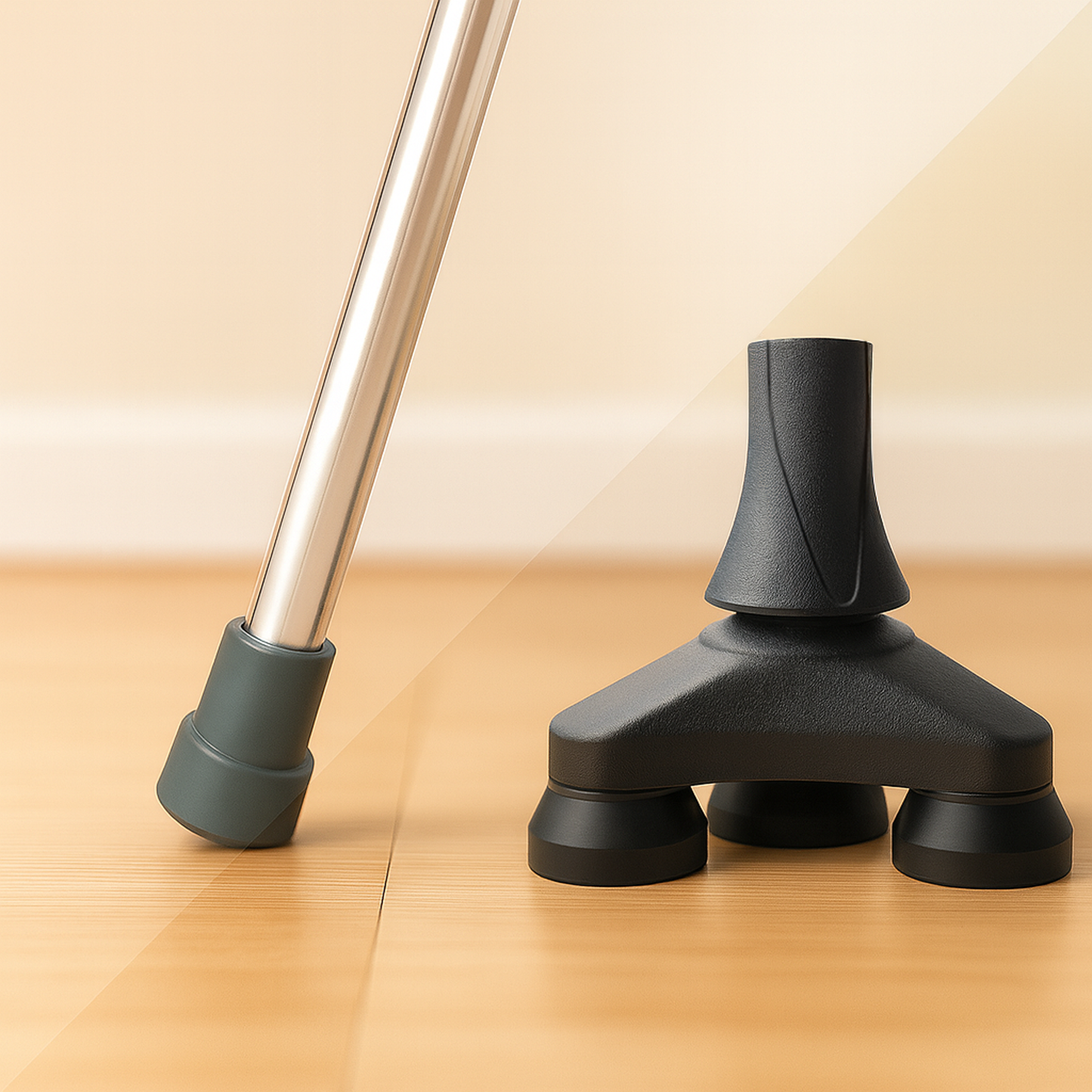Close-up of a metal cane leg with a rubber tip next to a black four-legged cane base on a wooden floor
