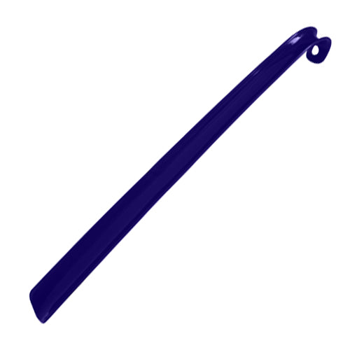 Dark blue metal shoehorn with a curved handle and hole for hanging on a white background