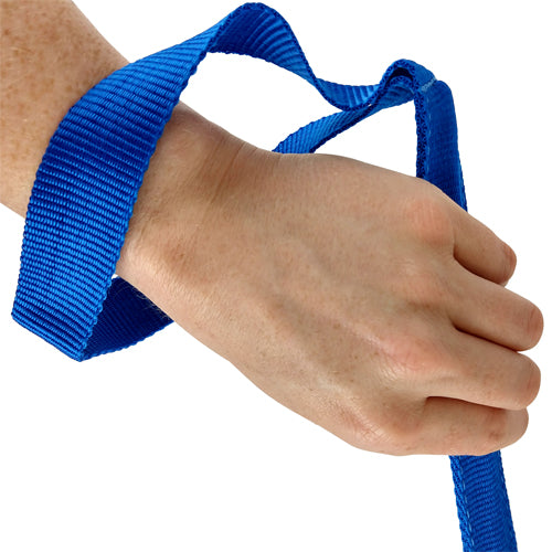 Get a Leg Up Leg Lifter 40.5 Navy showing hand holding adjustable blue leg lifter strap for mobility aid