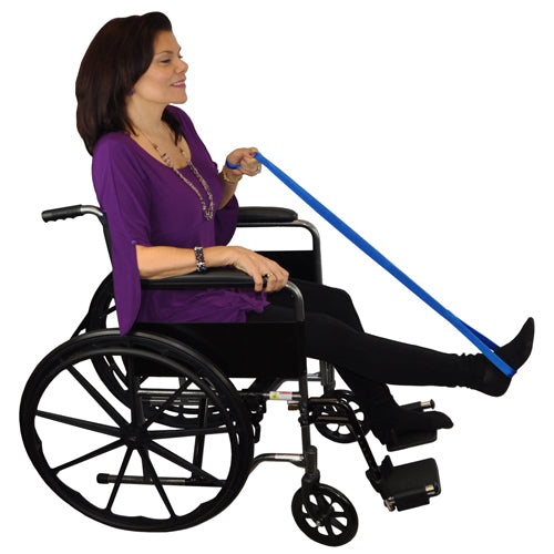Woman in wheelchair using Get a Leg Up Leg Lifter 40.5 Navy to raise leg with blue foot loop strap.