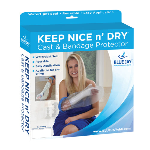 Waterproof Cast & Bandage Protector Adult Short Leg package showing a reusable waterproof cover for casts and bandages