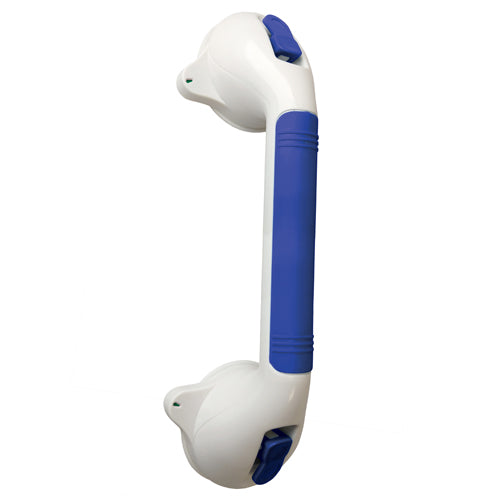 Suction Grab Bar 16.25 L Non-Adjustable with blue grip for secure holding and easy installation on smooth surfaces.
