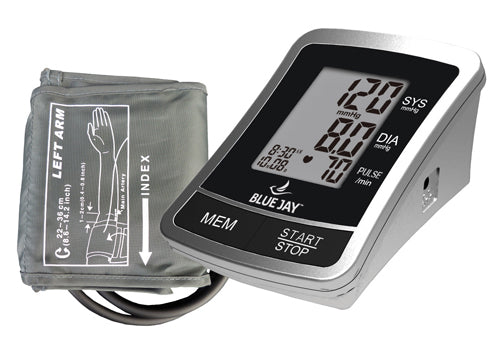 Full Automatic Blood Pressure w/4 AA Blue Jay Brand digital monitor with cuff and easy-to-read display showing readings.
