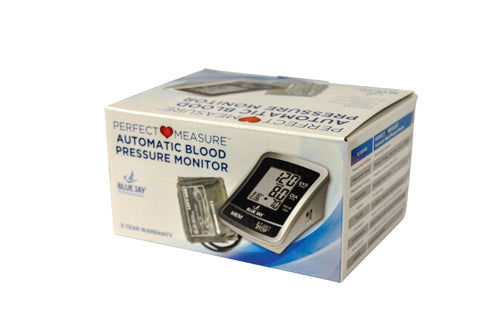 Full Automatic Blood Pressure w/4 AA Blue Jay Brand digital monitor box showing device and cuff with clear display panel.
