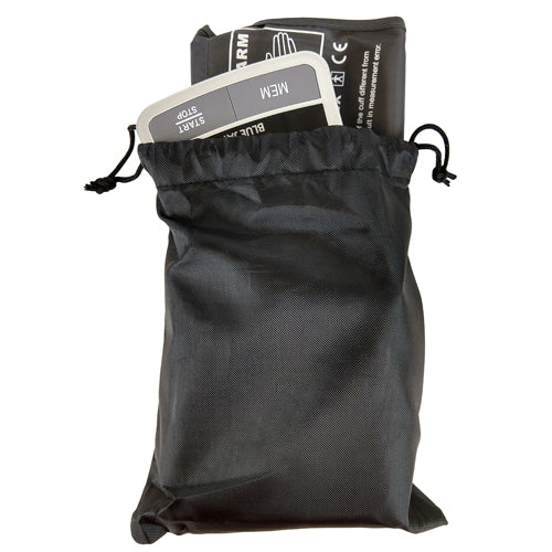 Full Automatic Blood Pressure w/4 AA Blue Jay Brand monitor with cuff and storage pouch partially visible inside bag