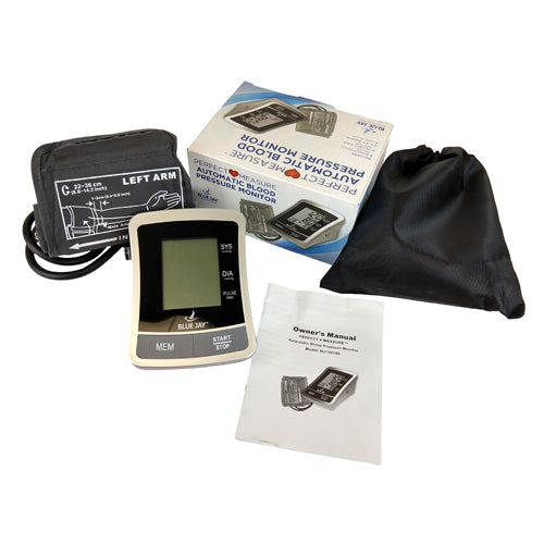 Full Automatic Blood Pressure w 4 AA Blue Jay Brand digital monitor with cuff, manual, storage bag, and box displayed.
