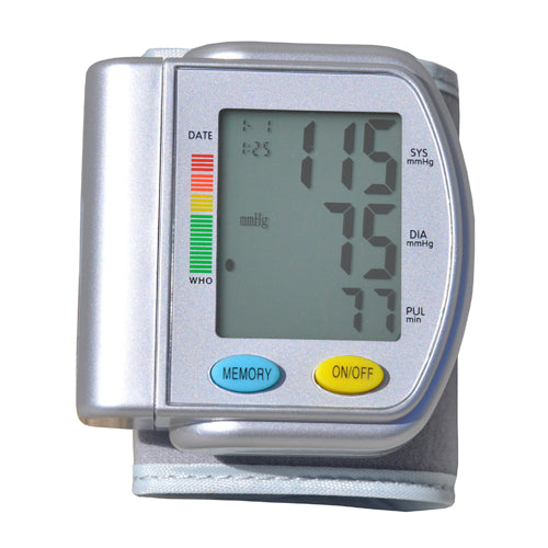 Compact silver wrist blood pressure monitor displaying readings and featuring memory and power buttons on white background