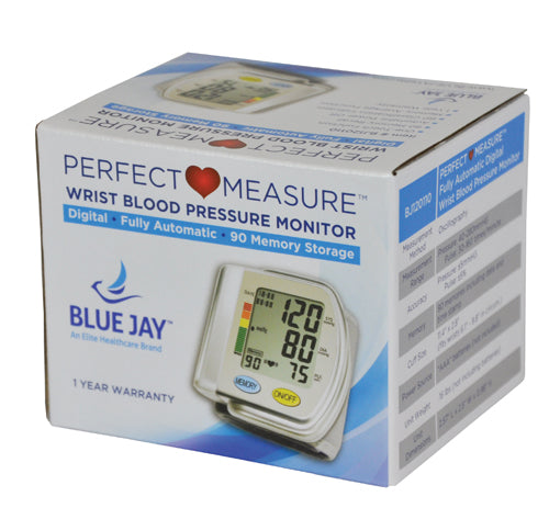 White and blue packaged wrist blood pressure monitor box showing product image and brand information on front panel