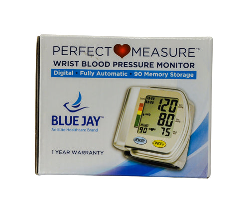 Box of digital wrist blood pressure monitor with colorful reading display and brand logo on white background
