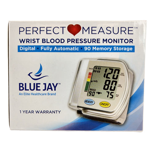 White and blue box featuring a wrist blood pressure monitor with digital display and brand logo on front panel
