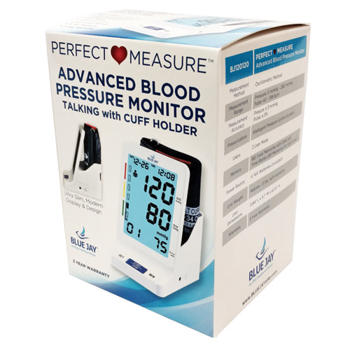 White digital blood pressure monitor with cuff holder displayed alongside detailed product packaging on white background