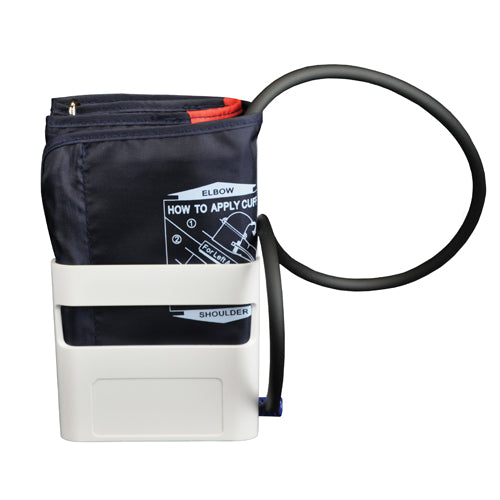 Black fabric blood pressure cuff with instructional print wrapped around a white plastic holder and connected tube on white background