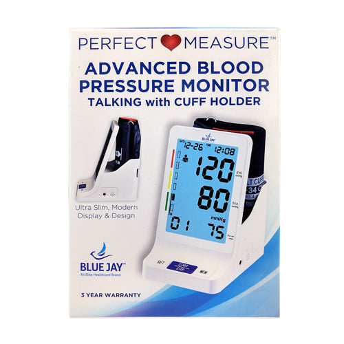 Box packaging of an advanced digital blood pressure monitor with talking feature and cuff holder on white background