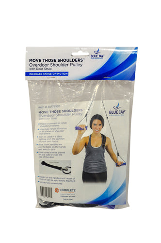 Packaging for Blue Jay shoulder pulley device with photo of woman demonstrating arm exercise on white background