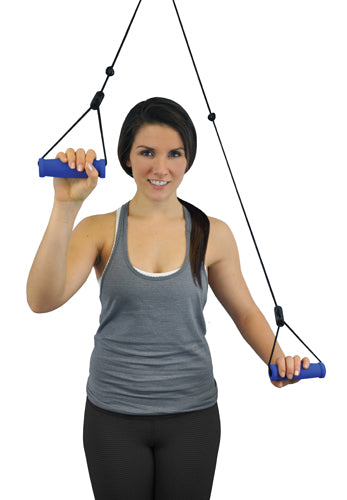 Woman in gray tank top holding blue-handled shoulder pulley ropes against white background