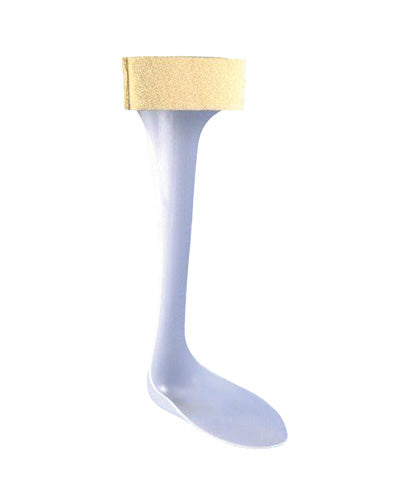 White plastic ankle-foot orthosis with soft beige padded strap against a white background