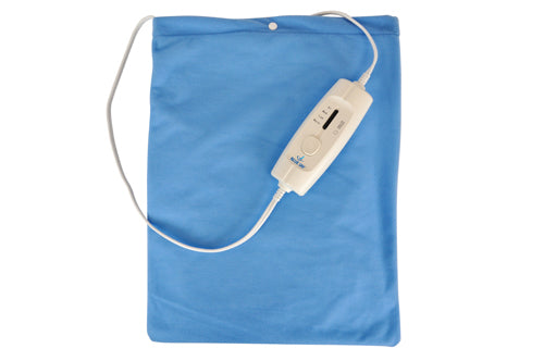 Blue electric heating pad with white controller and adjustable temperature settings on white background
