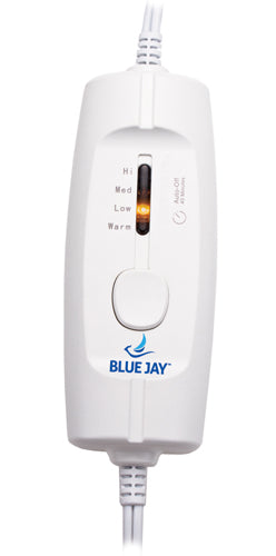 White electric controller with slider for heat settings labeled high, medium, low, and warm and Blue Jay logo