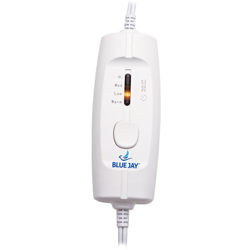 White wired electric controller with sliding heat settings from warm to high and Blue Jay logo visible